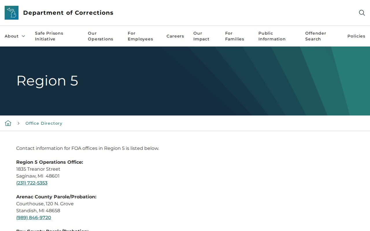 Bay County parole and probation Region 5 office directory